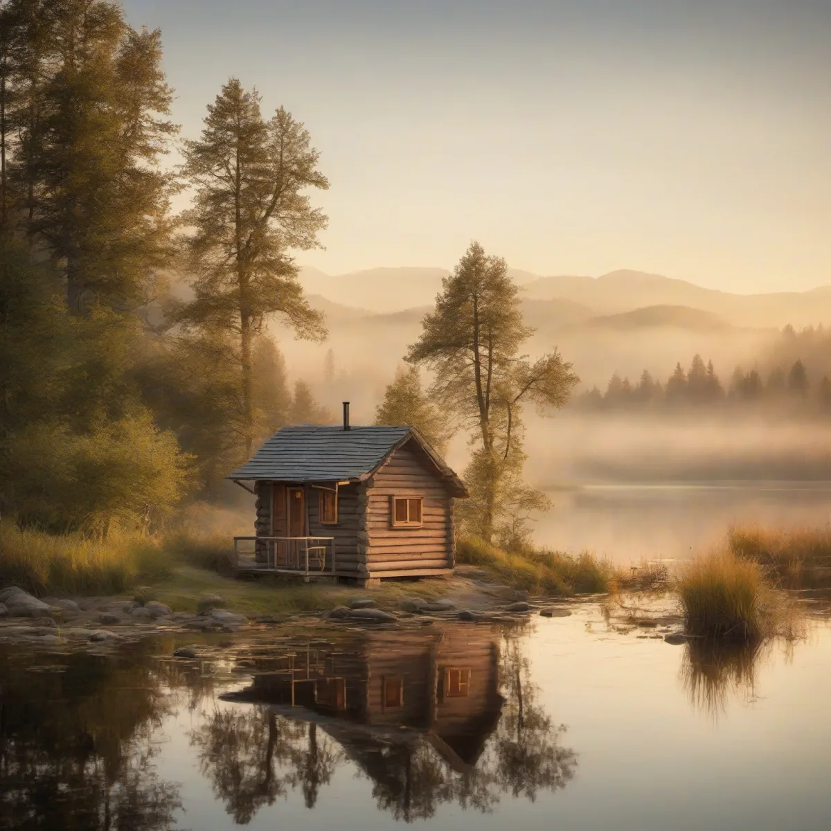 SDXLで1536×1536に生成した湖畔の小屋の画像