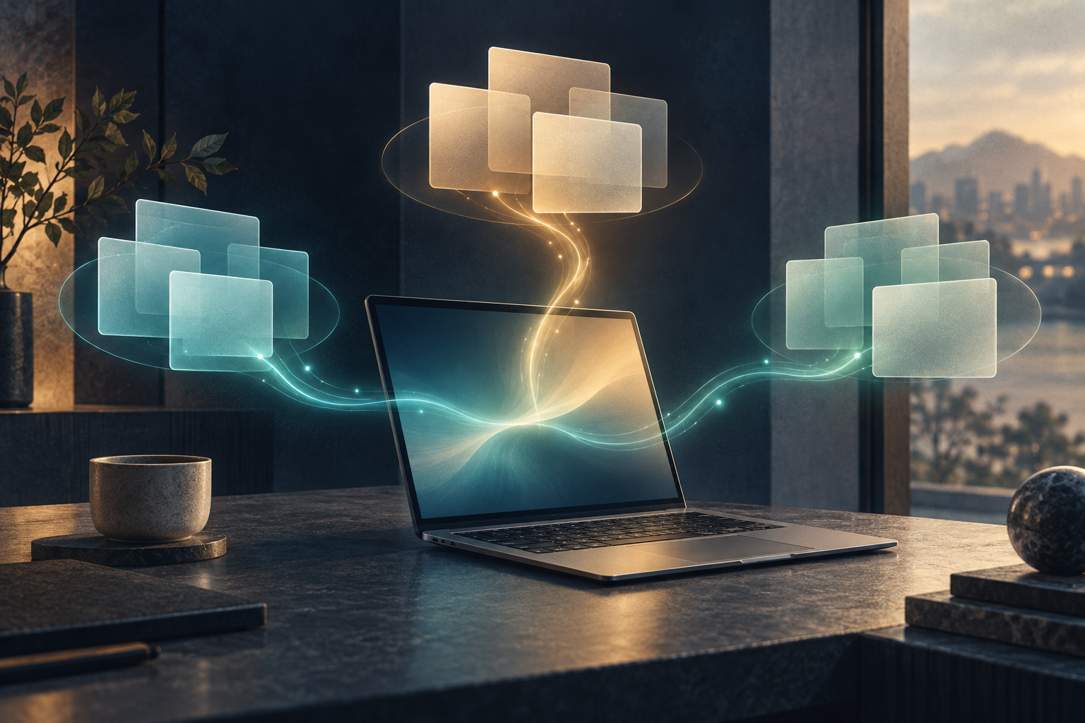 ノートPCの周りでアプリやブラウザのカードが整理されていく概念イラスト