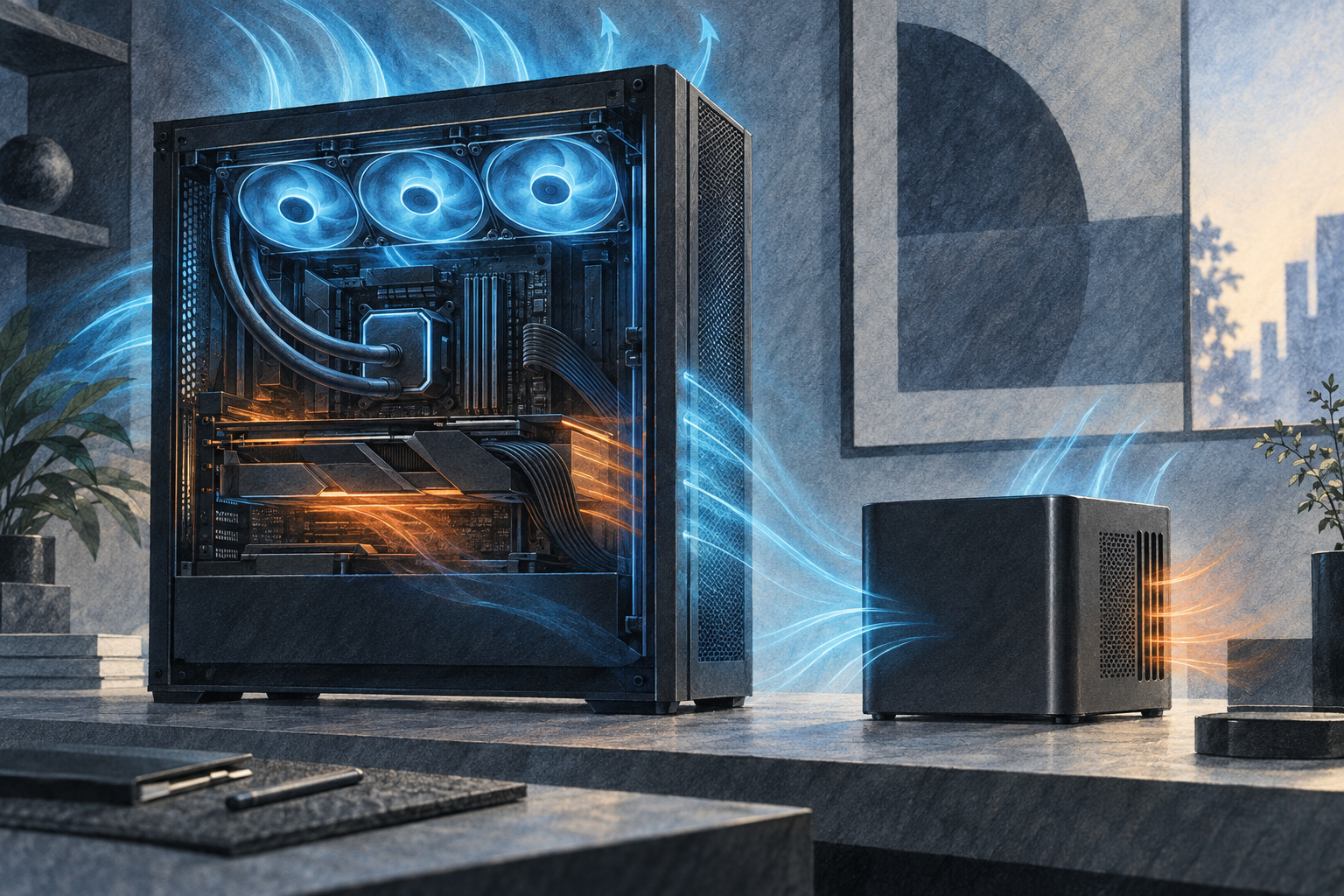 水冷ラジエーターを積んだデスクトップPCと小型のミニPCから熱が空気の流れで運ばれていく様子のイラスト