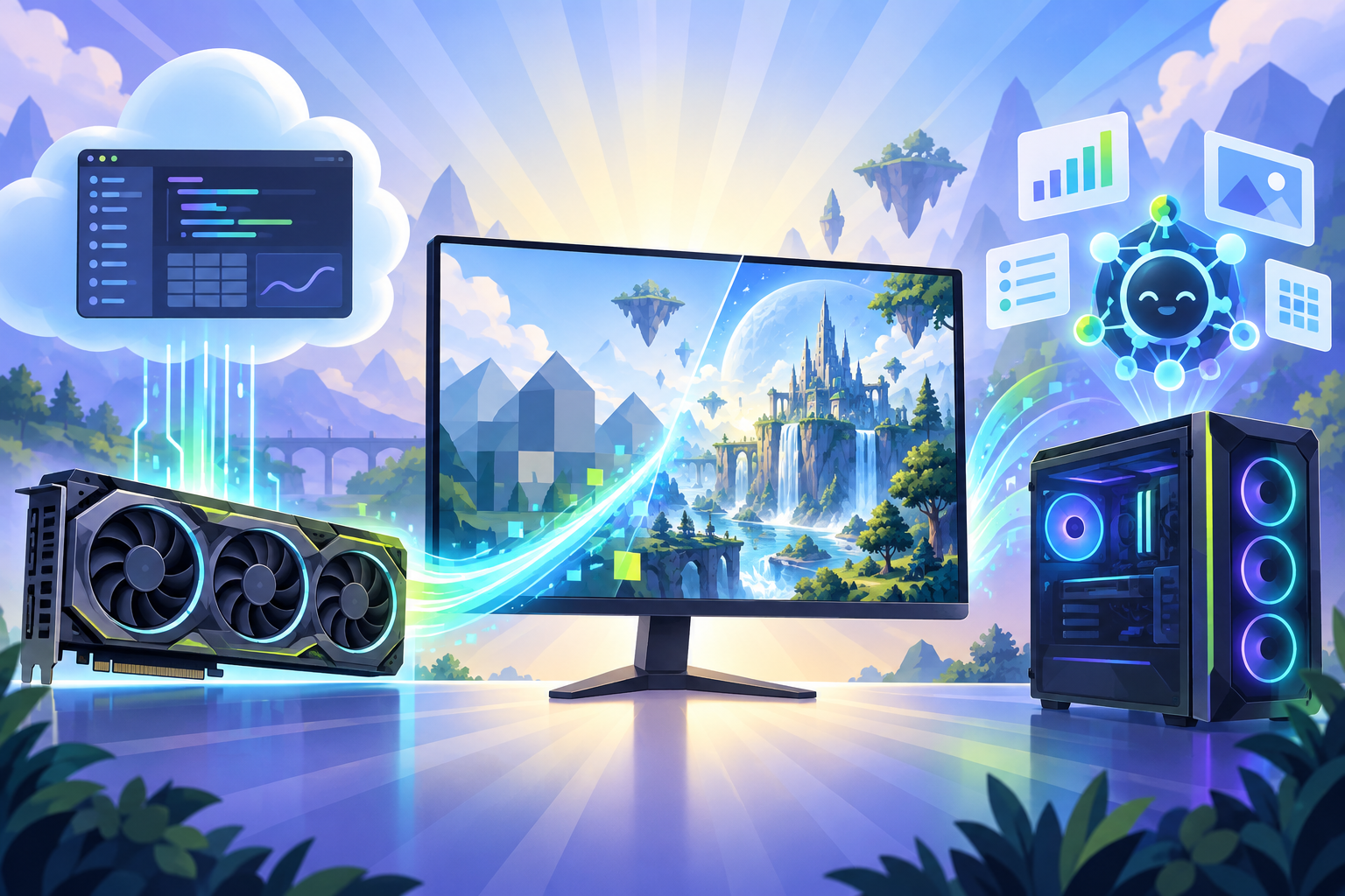 左にクラウド上のコード画面とグラフィックスカード、中央にゲーム画面が一筆で描き替わるモニター、右にローカルAIを動かすゲーミングPCを描いたイラスト
