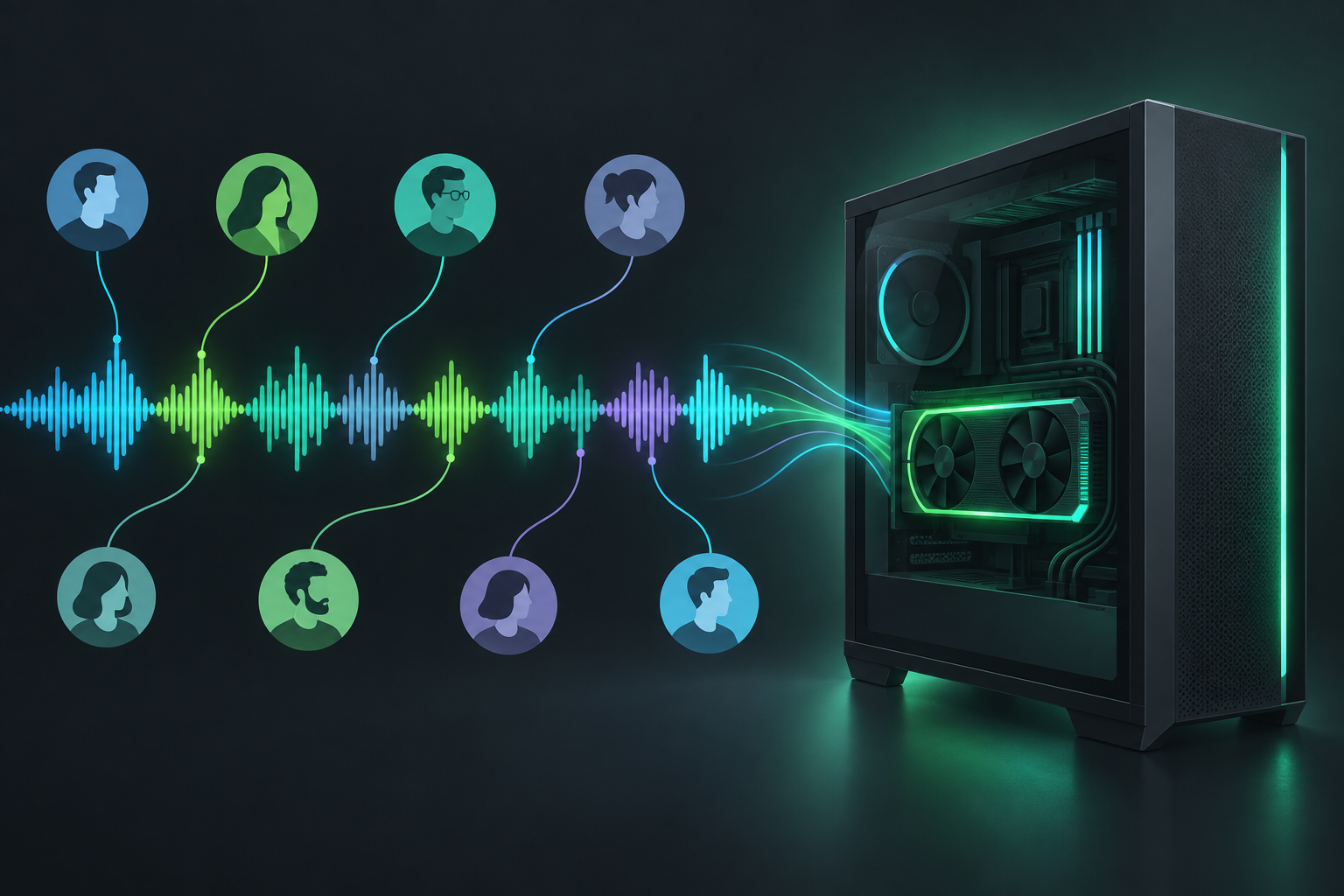 色分けされた音声波形が複数の話者アイコンに結ばれ、GPUを積んだデスクトップPCへ流れ込むイラスト