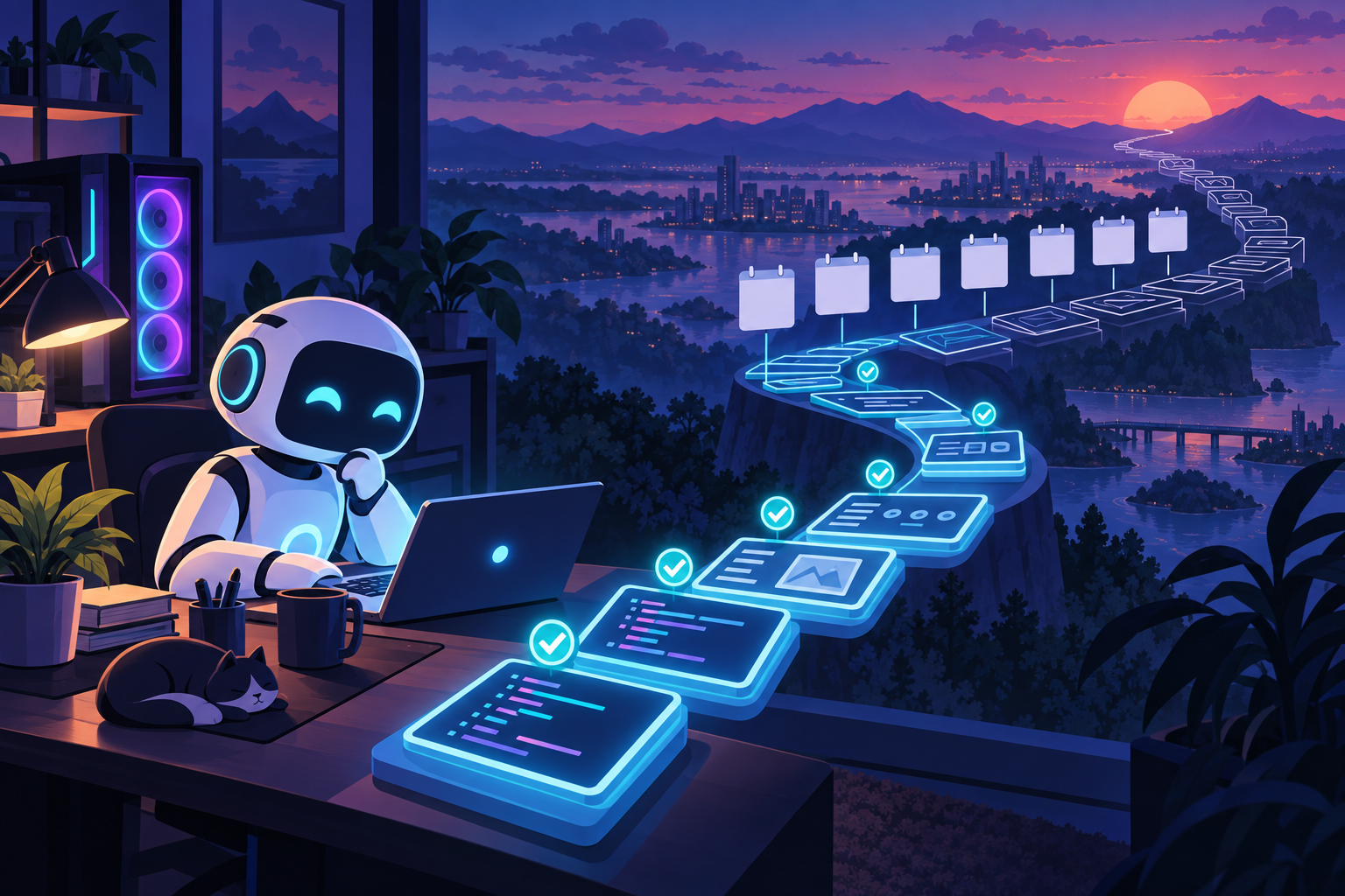 AIアシスタントのロボットが、数日がかりの開発タスクを表すコードのブロックの長い道のりを一つずつ進めていくイラスト