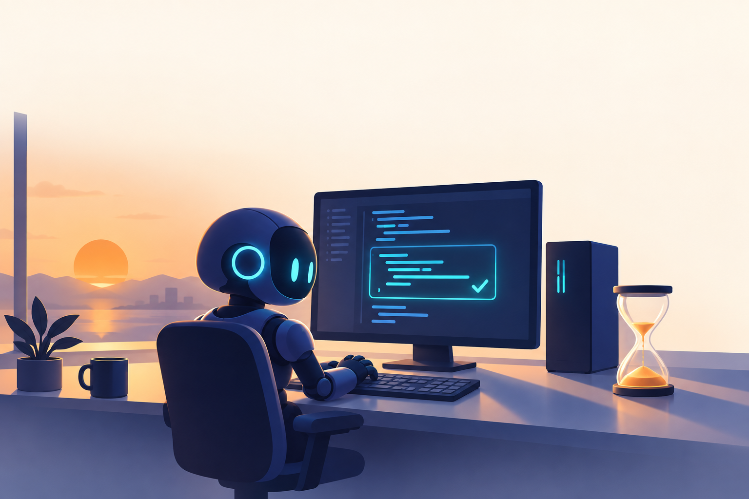夕暮れのデスクでロボットのAIエージェントがPCに向かい、画面のコードのまとまりにチェックが付き、横の砂時計の砂が残りわずかになっている概念イラスト