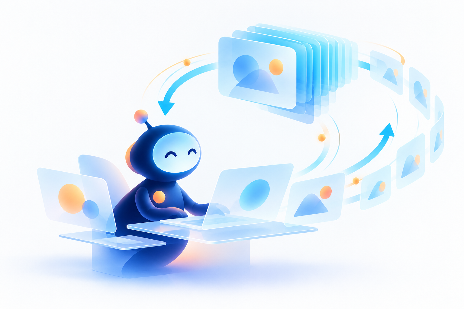机に向かって作業する丸いAIエージェントのキャラクターの周りを、半透明のカードの束が円を描いて戻ってくる、文脈の再利用を表した概念イラスト