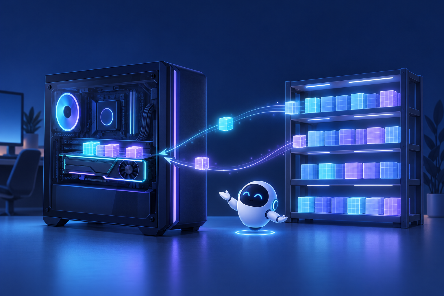 ゲーミングPCのグラフィックスカードによく使うブロックだけを載せ、残りのブロックは隣のメモリの棚に並べて光の道でつなぎ、丸いAIキャラクターが振り分けている概念イラスト