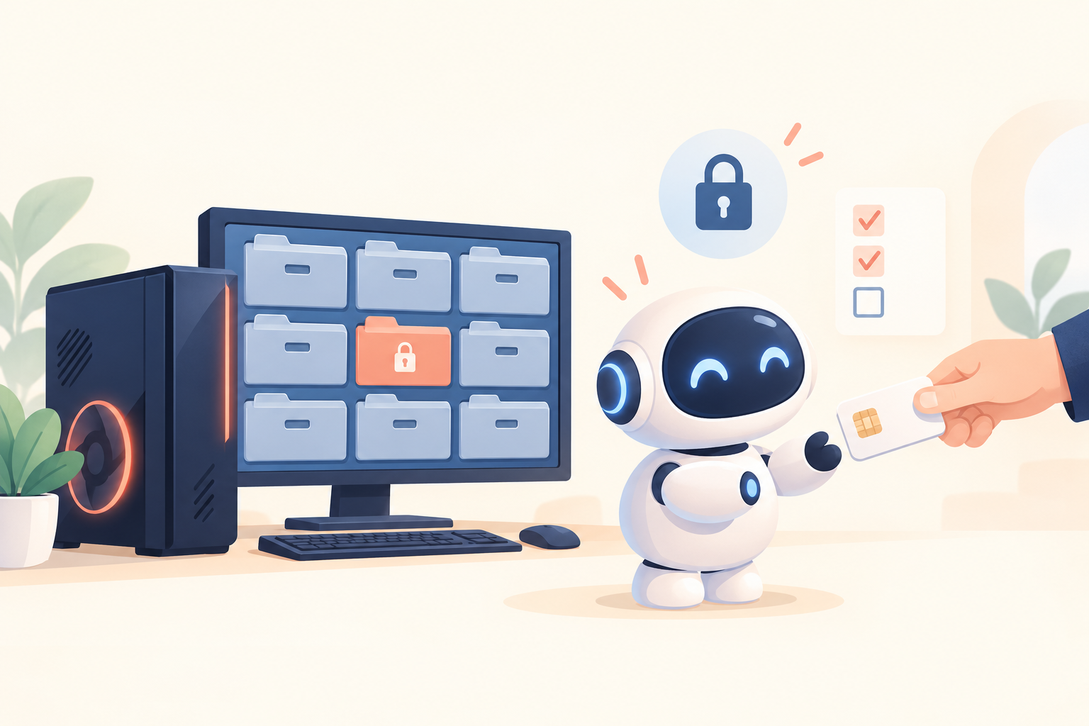 デスクトップPCの画面にフォルダが並び、ひとつだけ鍵がかかった前で、丸いAIロボットが人の手からカードを受け取ろうとしている、AIエージェントへの権限付与を表した概念イラスト