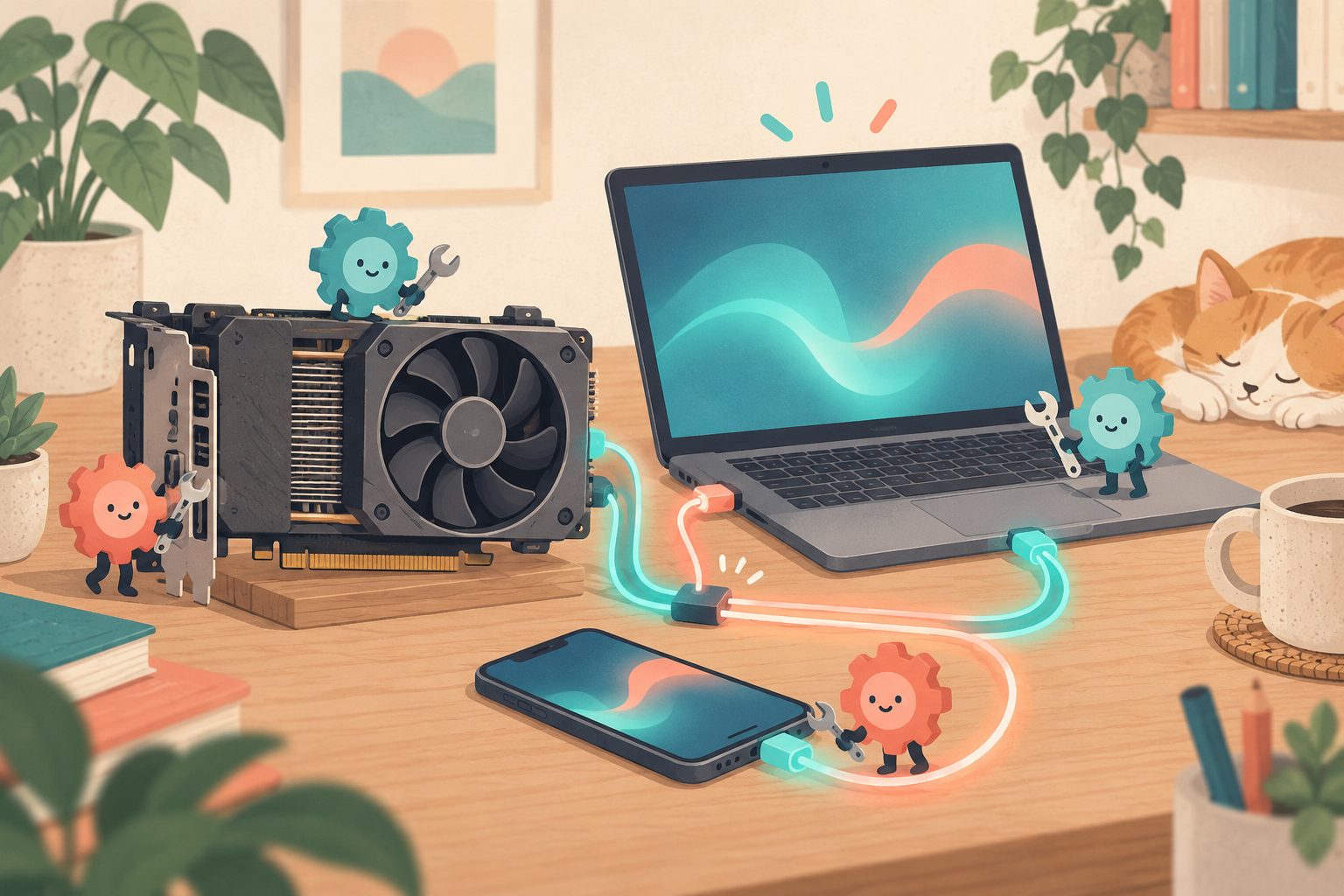 机の上で古いグラフィックスカードとノートPCとスマートフォンが光るケーブルでつながり、歯車のキャラクターたちがレンチで調整している、手持ちの機材を組み合わせてローカルAIを動かす様子を表した概念イラスト