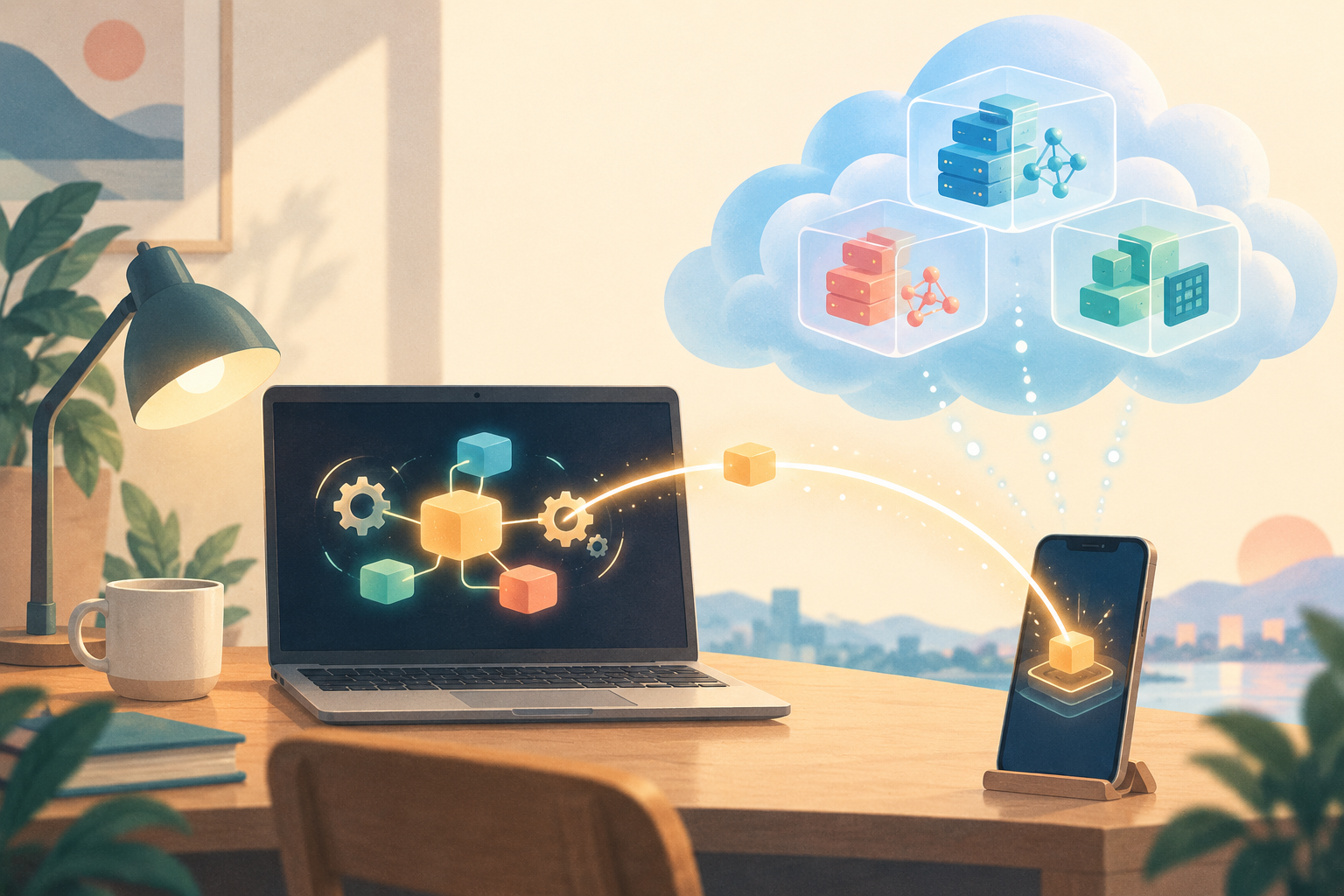 机の上のノートPCでローカルのAIが動き、上の雲にはクラウドの独立した箱が並び、ノートPCからスマートフォンへ光の弧でタスクが引き継がれる、ローカル実行とクラウド実行を対比した概念イラスト