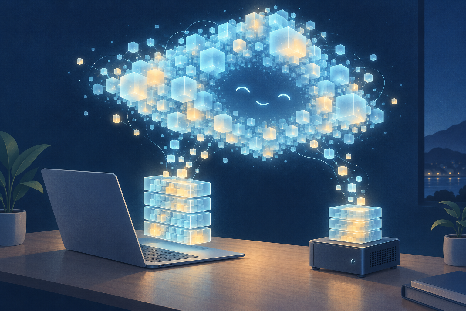 夜の机の上にノートPCとミニPCが置かれ、それぞれの上に光るメモリのブロックが積まれ、宙に浮かぶ多数の立方体でできた大きなAIモデルの一部がそこへ流れ込んでいる、大きなモデルを手元のハードに載せることを表した概念イラスト