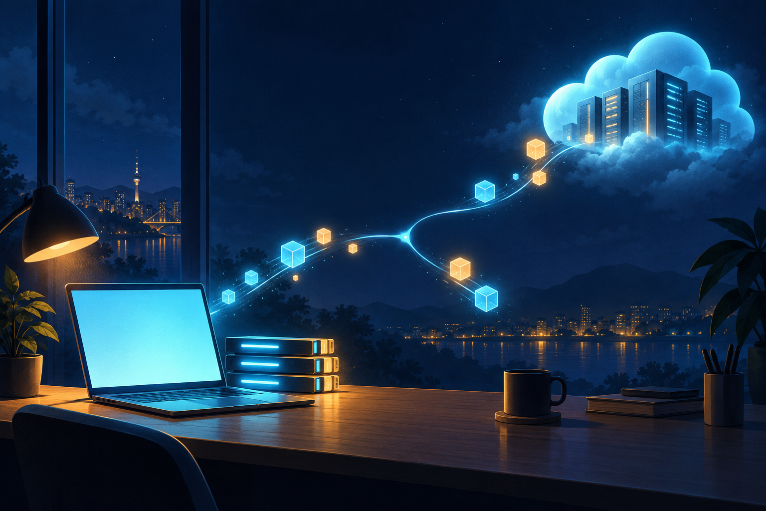 夜の机の上のノートPCと光るメモリのブロックから、立方体の形をした作業が光の道を通って空のクラウドへも分かれて流れていく、AIを手元とクラウドのどちらで動かすかを表した概念イラスト