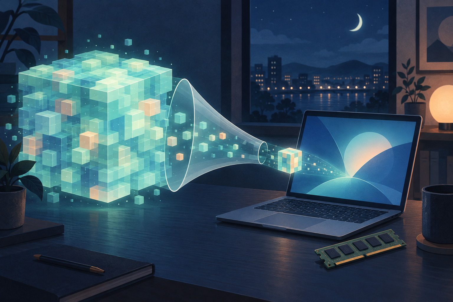 夜の机の上で、光る大きな立方体のブロックの集まりが漏斗を通って小さな立方体に詰められ、ノートPCへ流れ込み、脇にメモリモジュールが置かれた、大きなAIモデルを量子化してノートPCで動かすことを表した概念イラスト