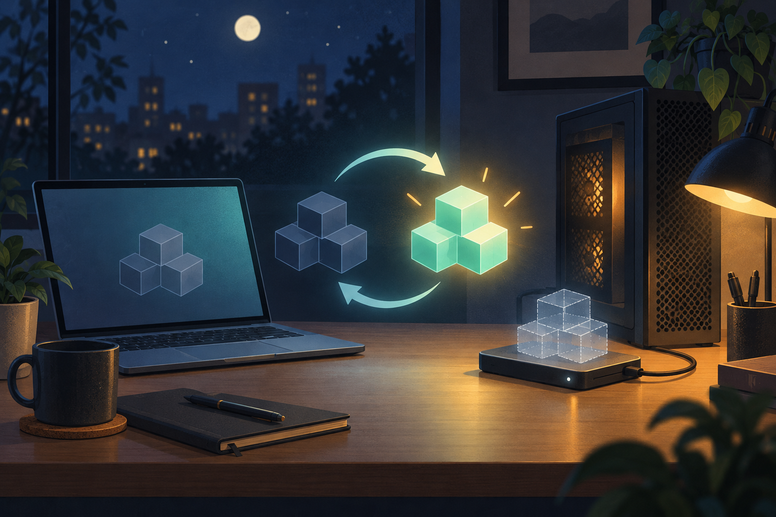 夜の机の上で、ノートPCとデスクトップPCのそばにある古い立方体のブロックが矢印の輪を通って光る新しいブロックに置き換わり、脇のSSDには半透明のバックアップのブロックが載っている、ローカルAIモデルの自動アップグレードを表した概念イラスト