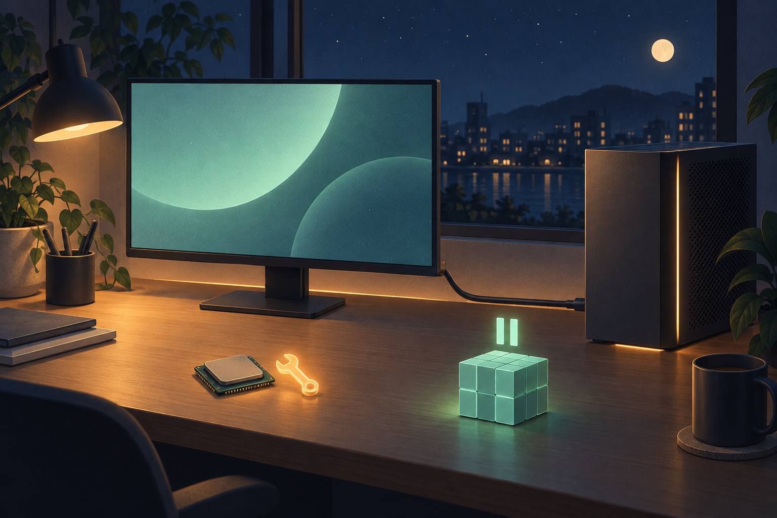 夜の机の上で、モニターとデスクトップPCが太いUSB-Cケーブル1本でつながり、手前にはCPUチップとレンチのアイコン、一時停止マークを浮かべた立方体のモデルブロックが置かれた、ローカルAIツールの細かな更新を表した概念イラスト