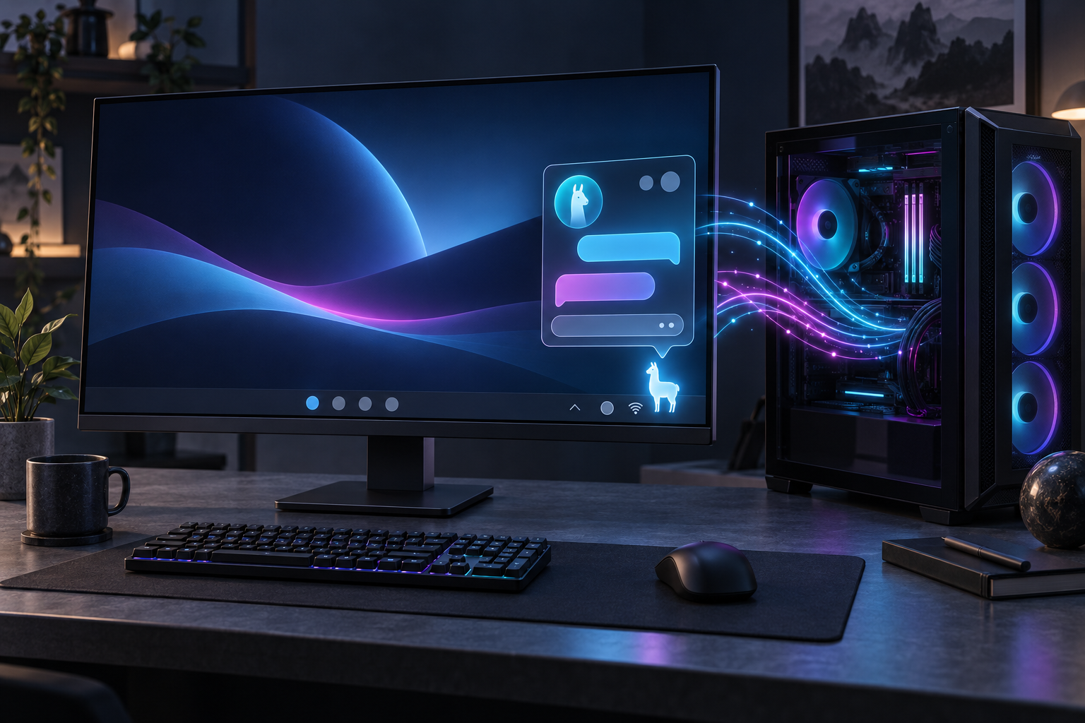 ゲーミングPCにつながったモニターのタスクトレイからリャマのアイコンとチャット画面が開き、PC本体から光の流れが画面へ届いているイメージ