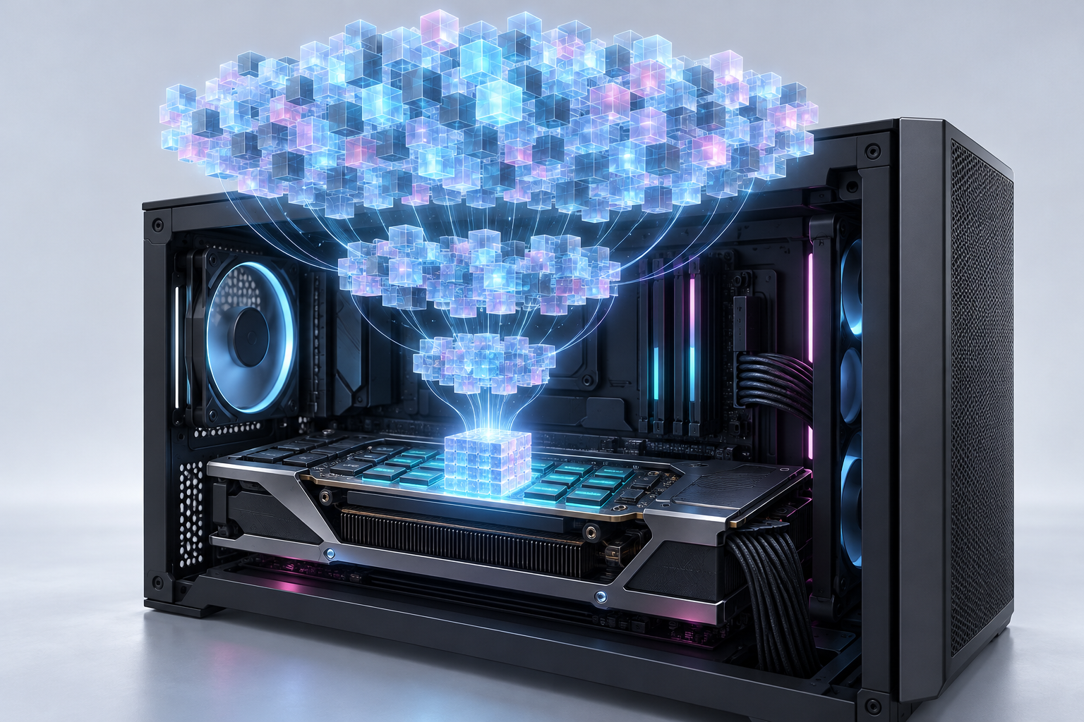 多数の小さなキューブで表した大きなAIモデルが、PCケース内のグラフィックスカードのメモリに収まるよう圧縮されていくイメージ図