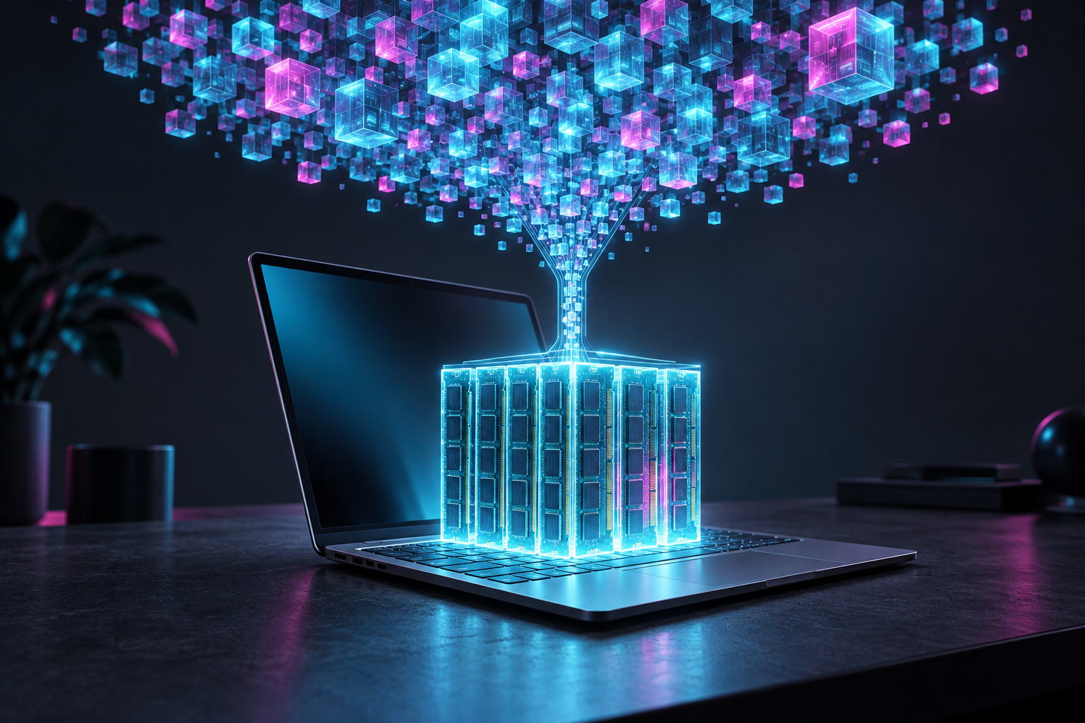 ノートPCのキーボードの上に光るメモリの塊が立ち、上空の無数の立方体が細い光の筋を通ってそこへ流れ込むイラスト