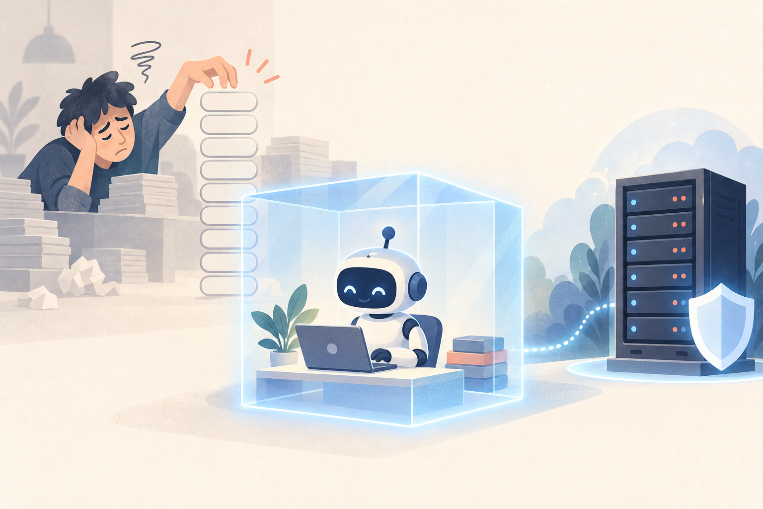 光る透明な箱の中でノートPCに向かうロボットと、盾で守られたサーバー、奥で承認ボタンの山に疲れた様子の人を描いたイラスト