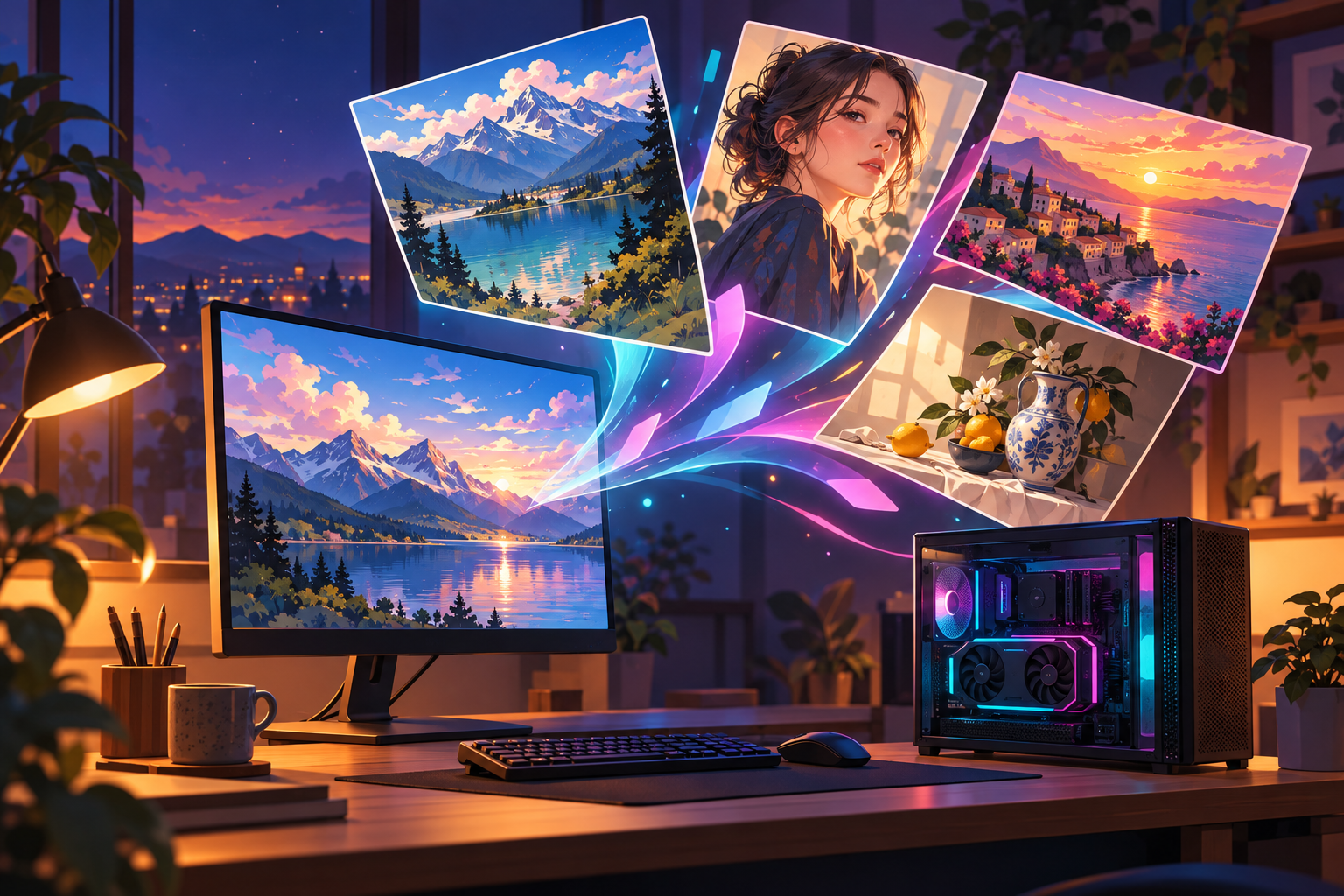 夕方の机に置かれた小型ゲーミングPCとモニターから、風景や人物、静物の生成画像がカードのように飛び出しているイラスト