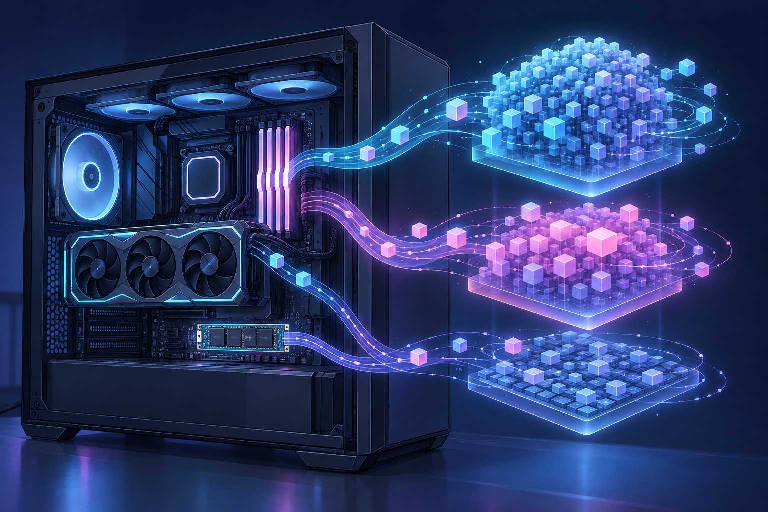 ゲーミングPCのGPU・メモリ・SSDから3層の領域へAIモデルのブロックが振り分けられていくイラスト