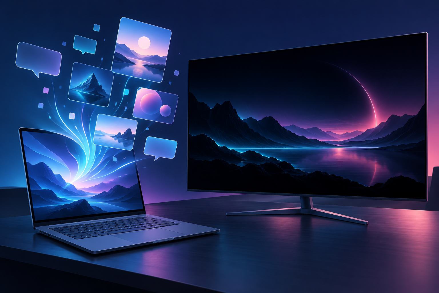 ノートPCの画面から言語の吹き出しと画像のタイルが浮かび上がり、隣に大型の有機ELモニターが並ぶイラスト