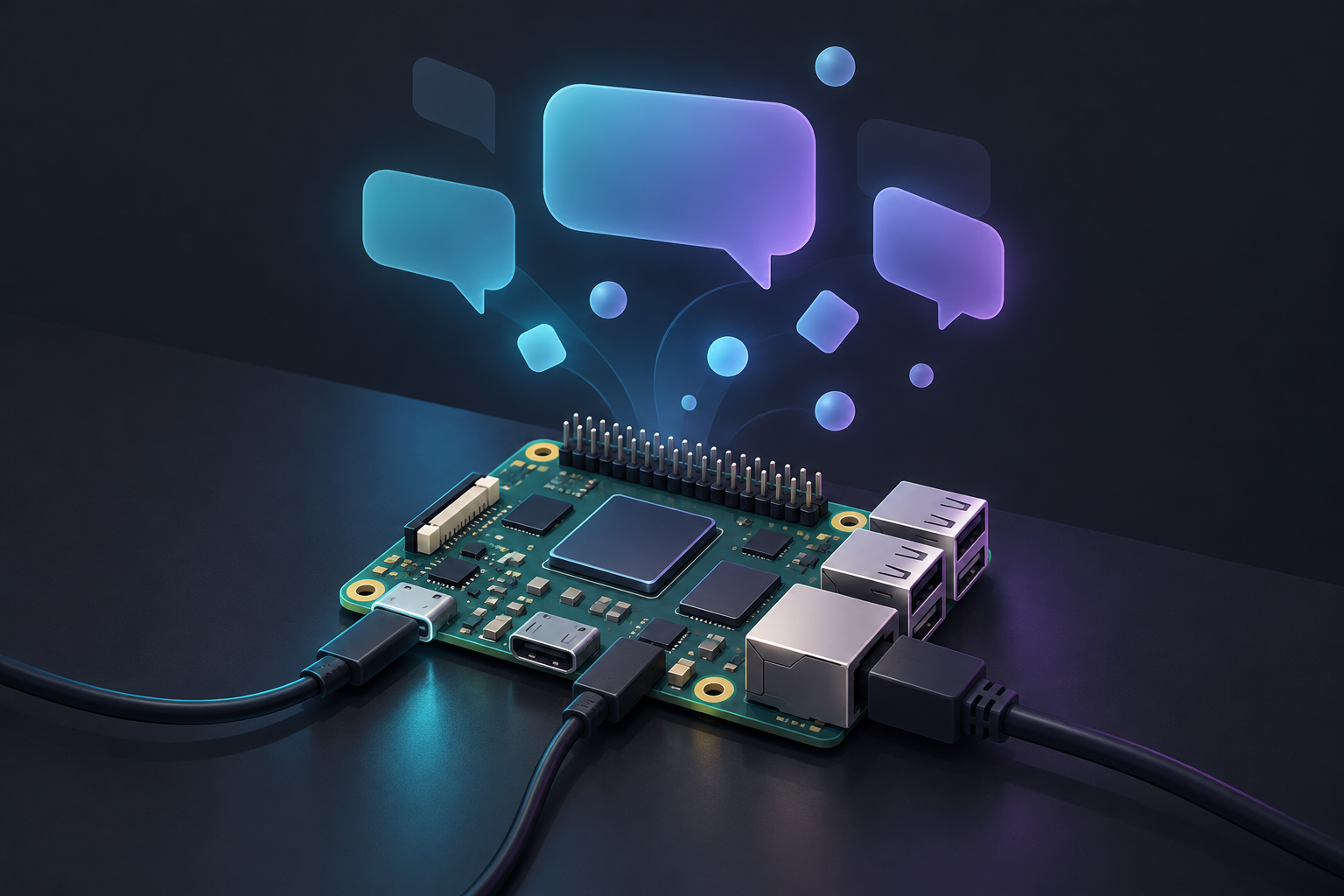 ケーブルがつながった小型のシングルボードコンピュータの上に、言語モデルを表す吹き出しが浮かぶイラスト